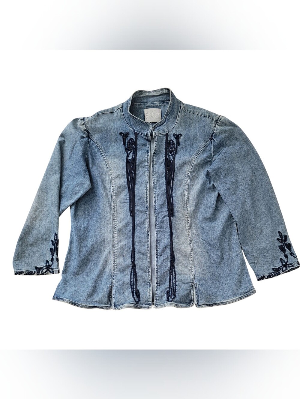 Vintage Crest Pure Denim Embroidered Decorative CordMandarin Collar Denim Jacket